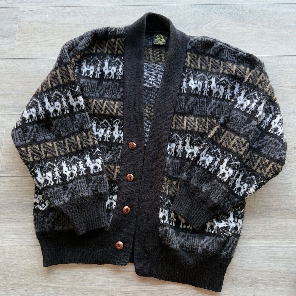 Tejidos Ruminahui Cardigan Sweater Men’s Ecuador Llama Geometric Wool Large VTG